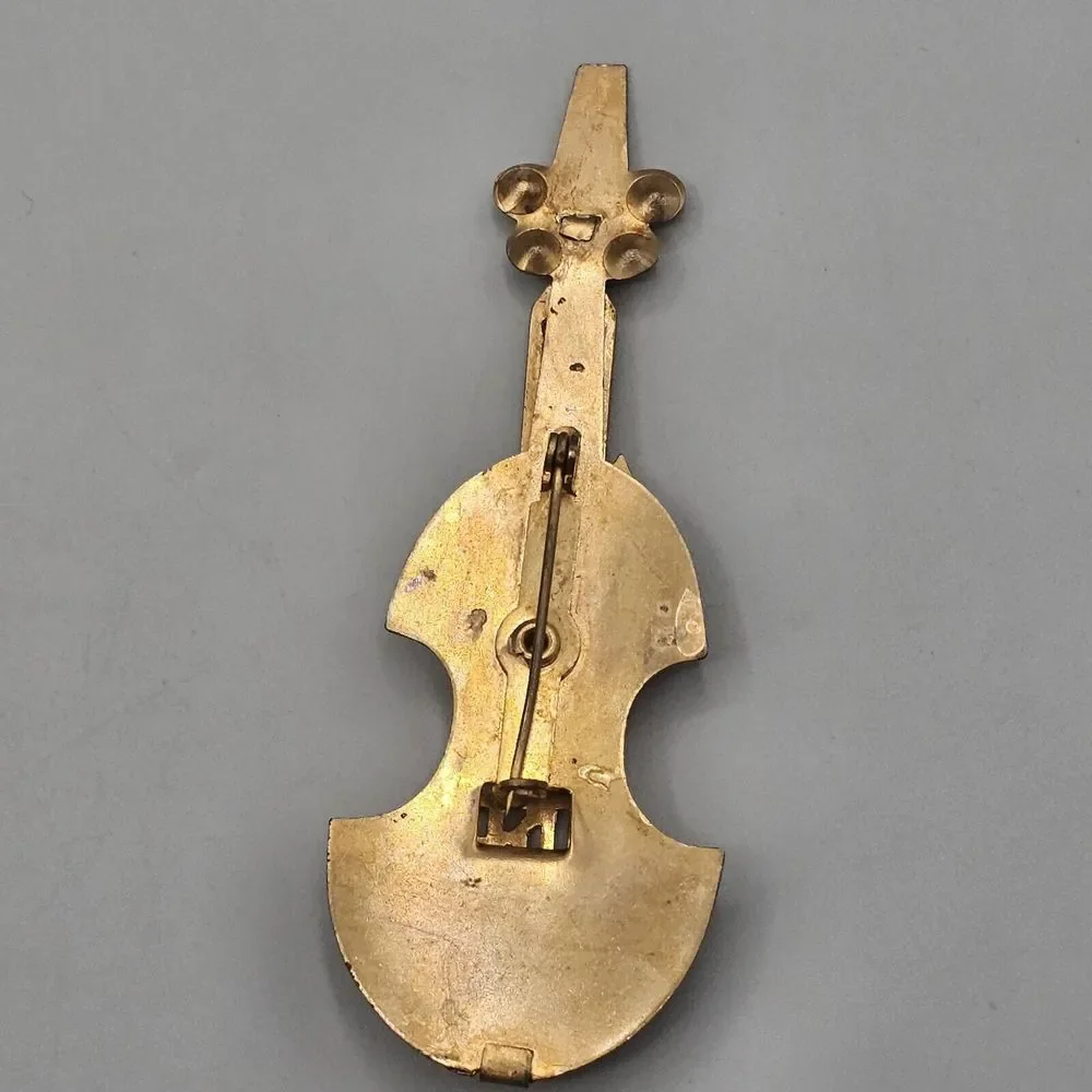 Vtg Cello Bass Brooch Pin Brass Dimensional Rhinestone Music Notes 1950s - Picture 7 of 9